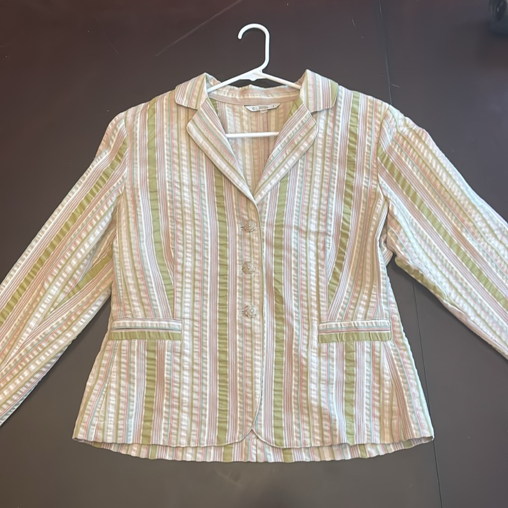 CABI #308 Womens Off White Green Striped Blazer Jacket Size 14 Cotton